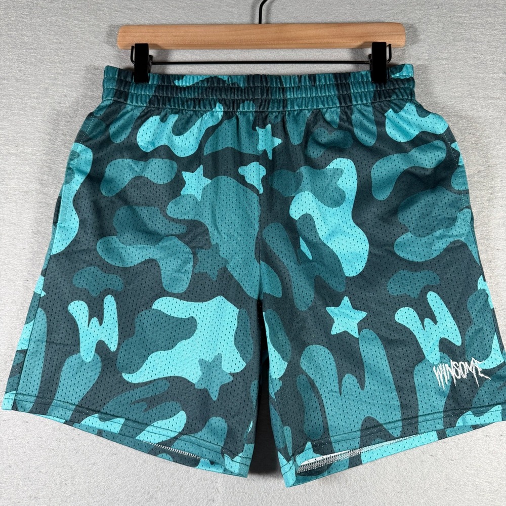 Winsome Mens‎ Teal Camo Star Mesh Basketball Athletic Shorts Small 12445